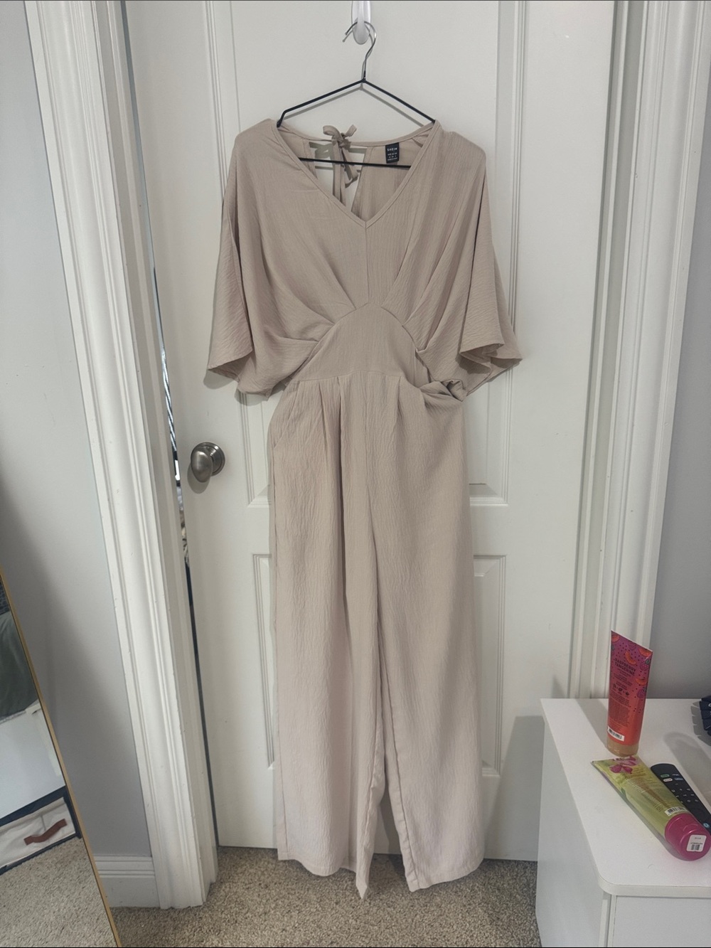 SHEIN Cream V-Neck Wide-Leg Jumpsuit with Flutter Sleeves